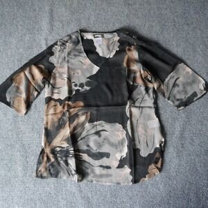 Ambria Selection Floral‎ Blouse Top Size 10 Black Beige Sheer Casual